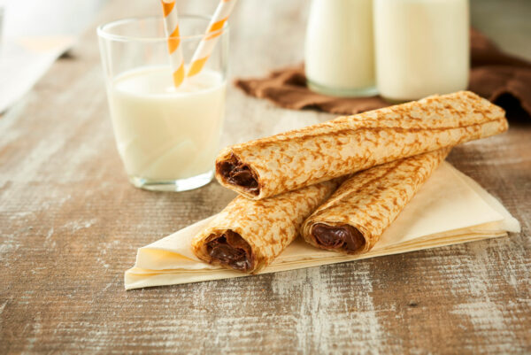 St Pierre Chocolate Filled Crepes With Hazelnut adn Milk Glass